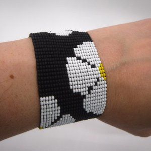 Loom Beaded Bracelet Black w/ White Flowers